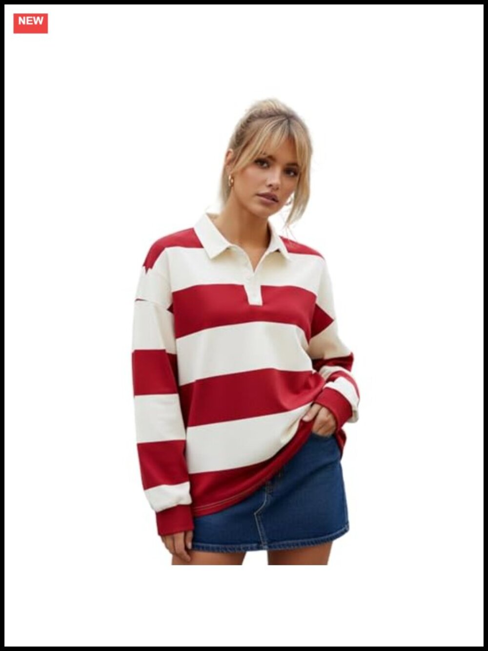 Women's Striped Rugby Shirt Color Block Polo Sweatshirt Long Sleeve